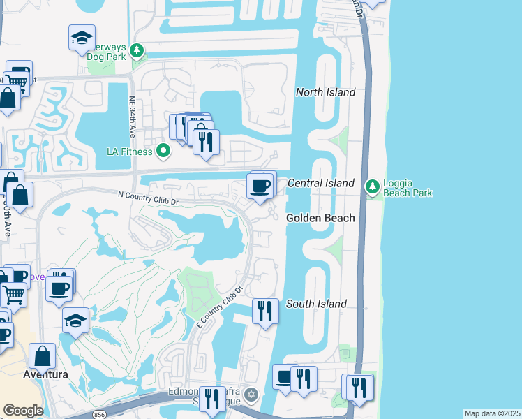 map of restaurants, bars, coffee shops, grocery stores, and more near 20281 East Country Club Drive in Aventura