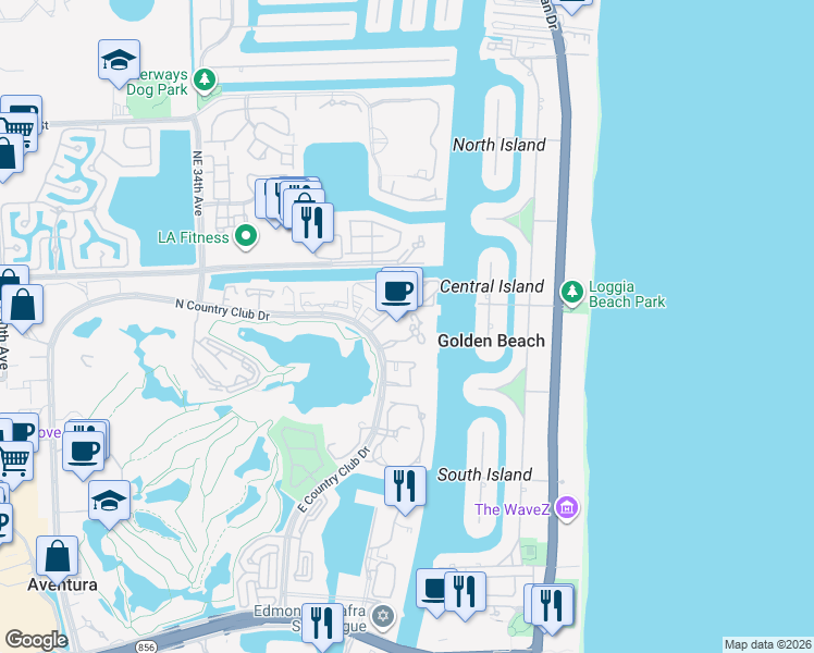 map of restaurants, bars, coffee shops, grocery stores, and more near 20201 East Country Club Drive in Aventura