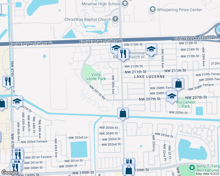 map of restaurants, bars, coffee shops, grocery stores, and more near 20765 Northwest 38th Avenue in Miami Gardens