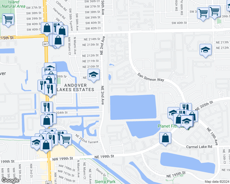 map of restaurants, bars, coffee shops, grocery stores, and more near 20850 San Simeon Way in Miami