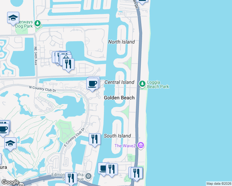 map of restaurants, bars, coffee shops, grocery stores, and more near in Golden Beach