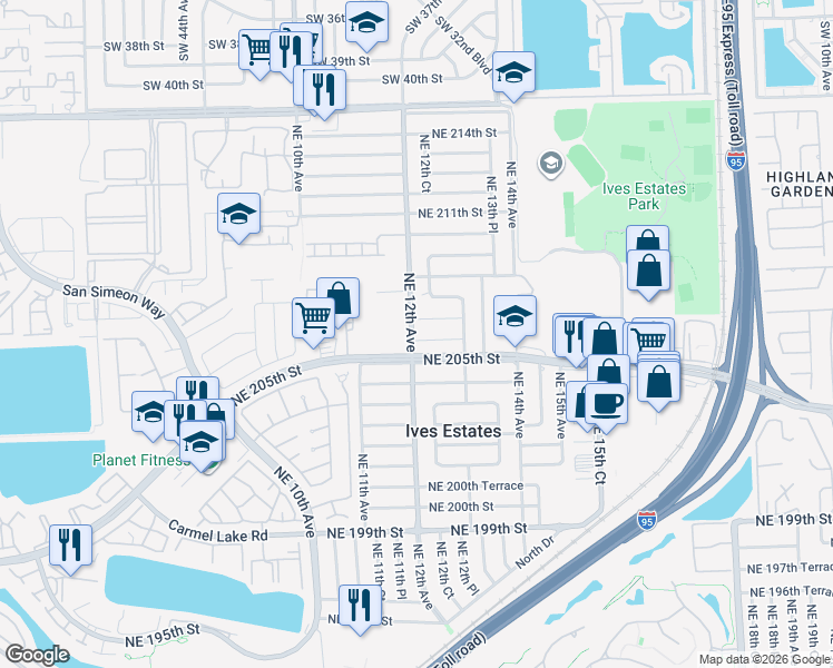 map of restaurants, bars, coffee shops, grocery stores, and more near in Ives Estates