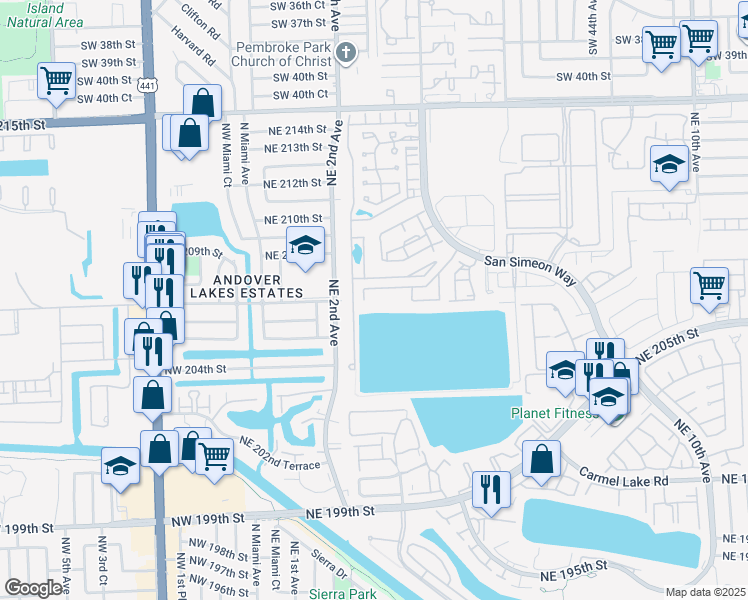 map of restaurants, bars, coffee shops, grocery stores, and more near 20860 San Simeon Way in North Miami Beach