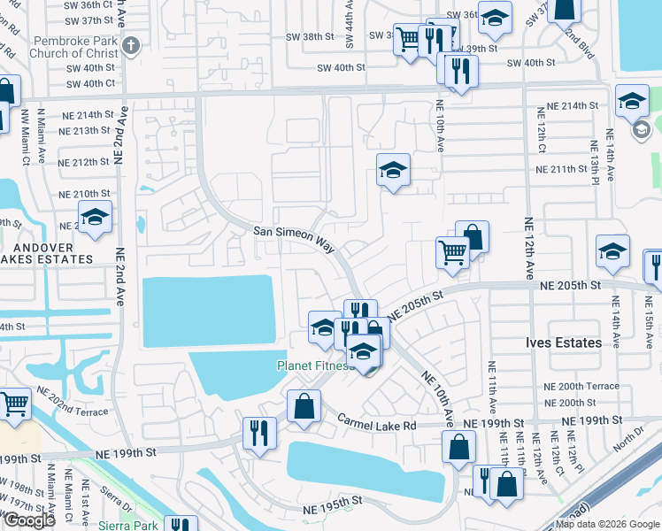 map of restaurants, bars, coffee shops, grocery stores, and more near 20634 Northeast 7th Court in Miami