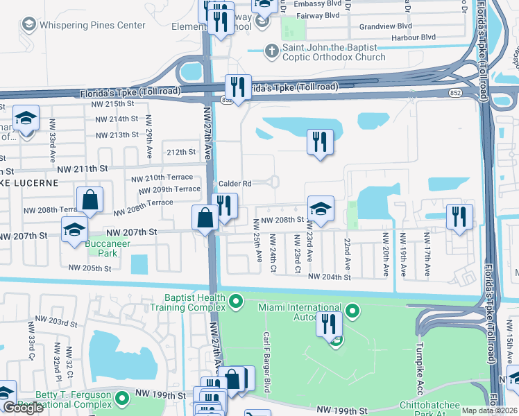 map of restaurants, bars, coffee shops, grocery stores, and more near 20730 Northwest 25th Avenue in Miami Gardens