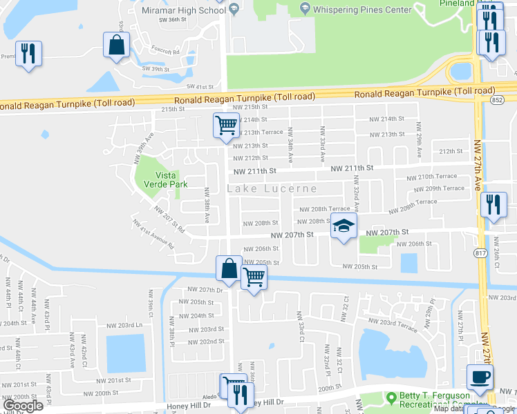 map of restaurants, bars, coffee shops, grocery stores, and more near 3501 Northwest 208th Terrace in Miami Gardens