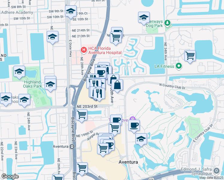 map of restaurants, bars, coffee shops, grocery stores, and more near 20400 Northeast 30th Avenue in Aventura