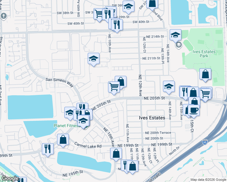 map of restaurants, bars, coffee shops, grocery stores, and more near 1021 Ives Dairy Road in Miami