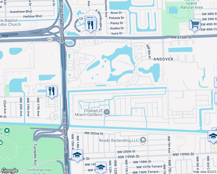 map of restaurants, bars, coffee shops, grocery stores, and more near 1230 Northwest 208th Street in Miami Gardens