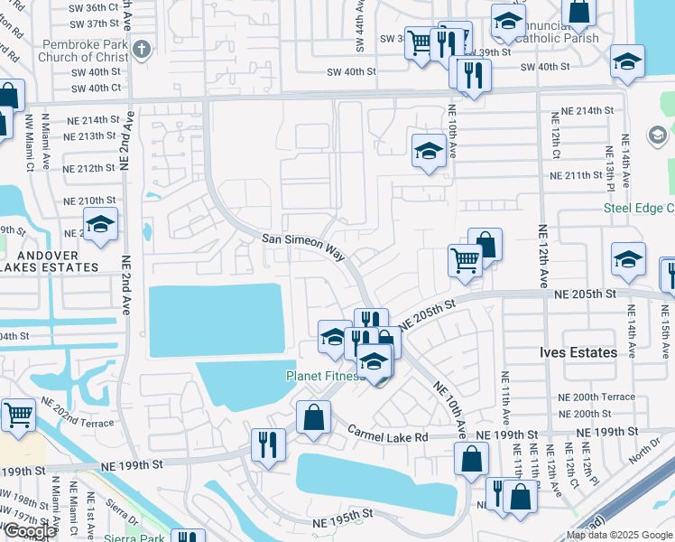 map of restaurants, bars, coffee shops, grocery stores, and more near 705 Northeast 208th Terrace in Miami