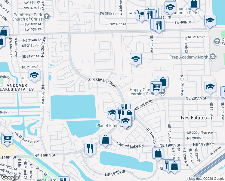 map of restaurants, bars, coffee shops, grocery stores, and more near 705 Northeast 208th Terrace in Miami