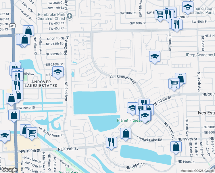map of restaurants, bars, coffee shops, grocery stores, and more near 20890 San Simeon Way in Miami