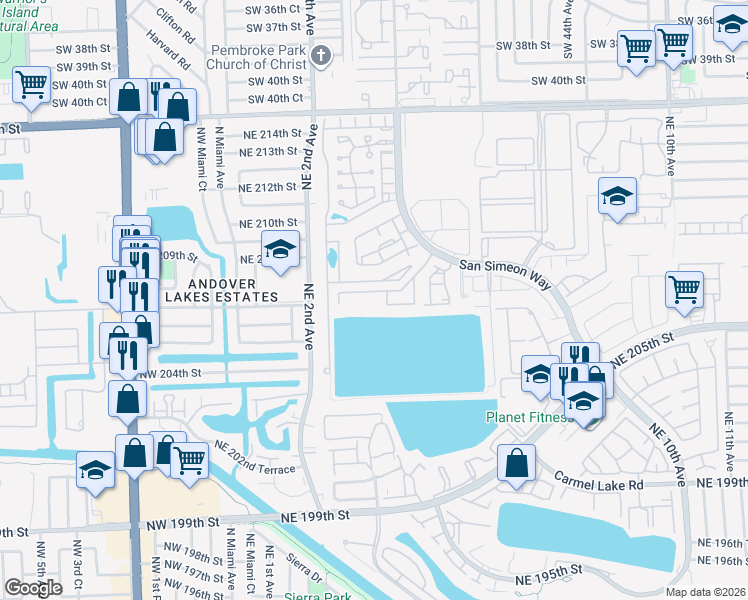 map of restaurants, bars, coffee shops, grocery stores, and more near 308 Northeast 208th Terrace in North Miami Beach