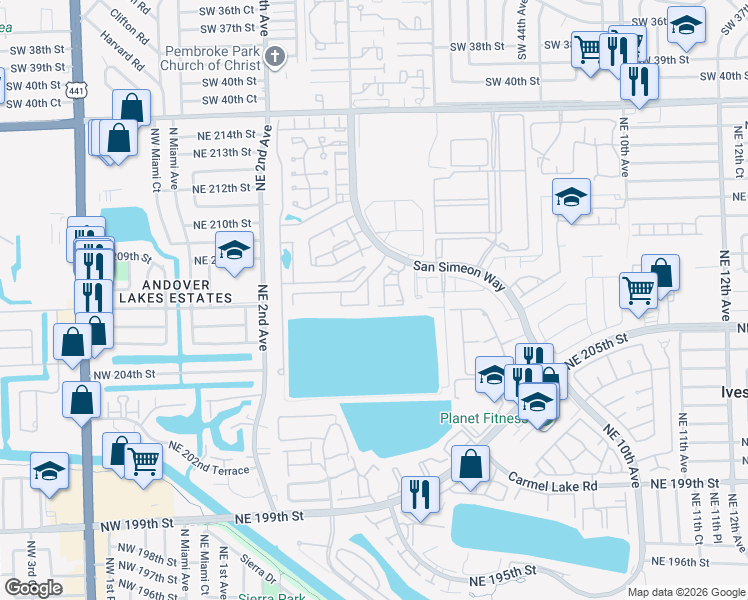 map of restaurants, bars, coffee shops, grocery stores, and more near 20760 Northeast 4th Court in Miami