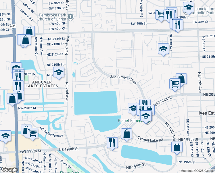 map of restaurants, bars, coffee shops, grocery stores, and more near 20890 San Simeon Way in Miami