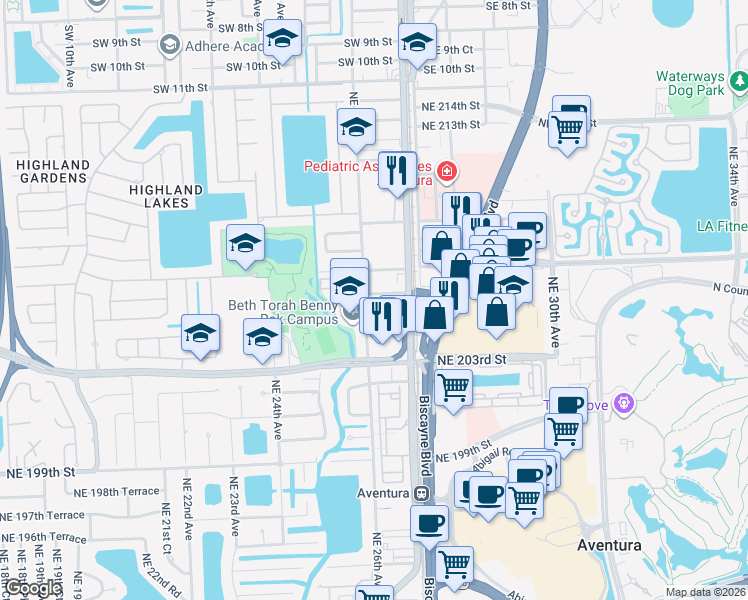 map of restaurants, bars, coffee shops, grocery stores, and more near 20645 Northeast 25th Place in Miami