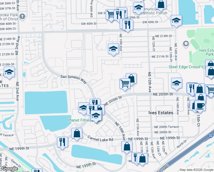 map of restaurants, bars, coffee shops, grocery stores, and more near 20701 Northeast 8th Court in Miami