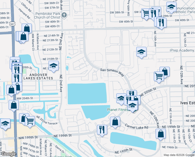 map of restaurants, bars, coffee shops, grocery stores, and more near 20890 San Simeon Way in Miami