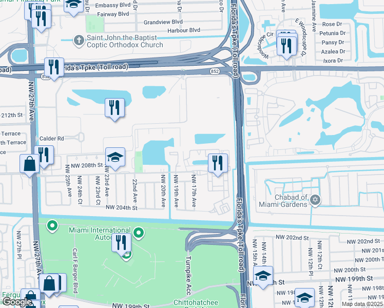 map of restaurants, bars, coffee shops, grocery stores, and more near 20775 Northwest 17th Avenue in Opa-locka