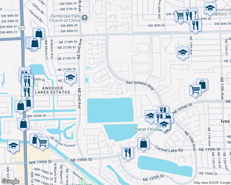 map of restaurants, bars, coffee shops, grocery stores, and more near 20760 Northeast 4th Court in Miami
