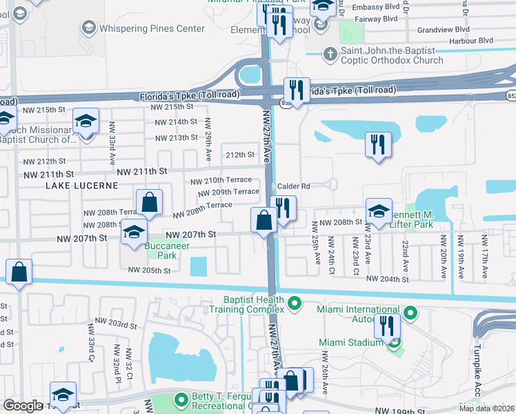 map of restaurants, bars, coffee shops, grocery stores, and more near 20901 Northwest 27th Court in Miami Gardens
