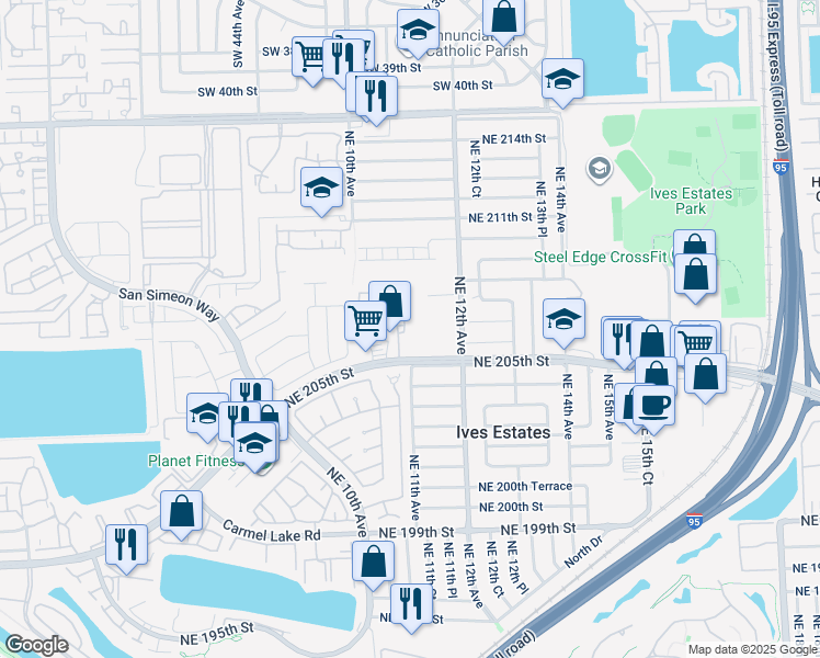 map of restaurants, bars, coffee shops, grocery stores, and more near 20685 Northeast 10th Path in Miami