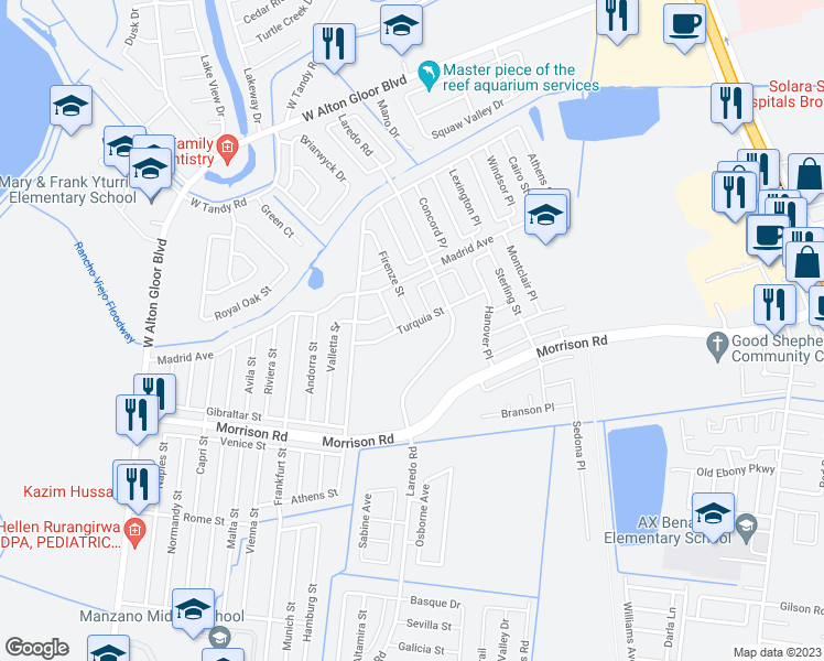 map of restaurants, bars, coffee shops, grocery stores, and more near 3364 Turquia Street in Brownsville