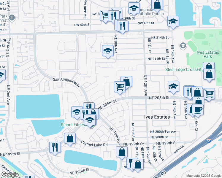 map of restaurants, bars, coffee shops, grocery stores, and more near 20704 Northeast 9th Court in North Miami Beach