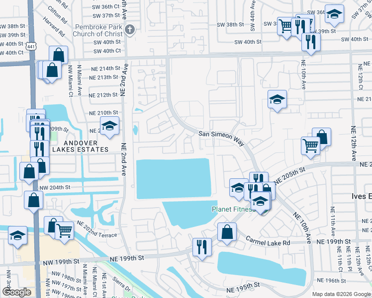 map of restaurants, bars, coffee shops, grocery stores, and more near 20760 Northeast 4th Court in Miami