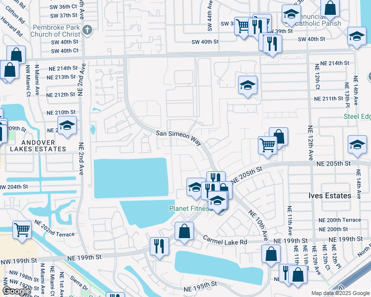 map of restaurants, bars, coffee shops, grocery stores, and more near 705 Northeast 208th Terrace in Miami