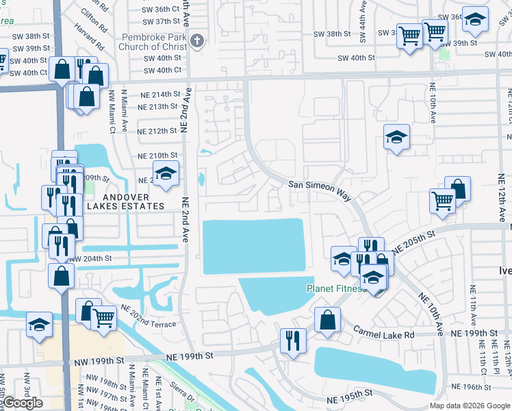 map of restaurants, bars, coffee shops, grocery stores, and more near 368 Northeast 208th Terrace in North Miami Beach