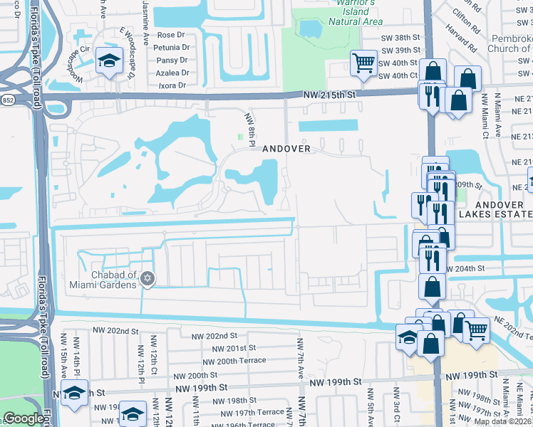 map of restaurants, bars, coffee shops, grocery stores, and more near 20725 NW 9th Ct in Miami