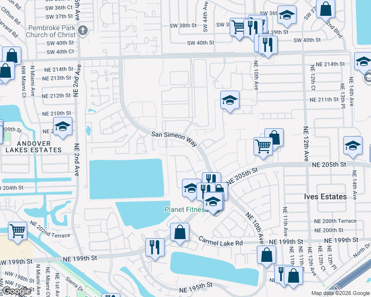 map of restaurants, bars, coffee shops, grocery stores, and more near 705 Northeast 208th Terrace in Miami