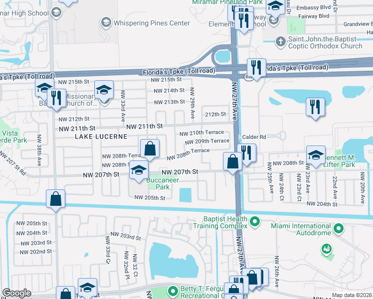 map of restaurants, bars, coffee shops, grocery stores, and more near 20900 Northwest 29th Court in Miami Gardens