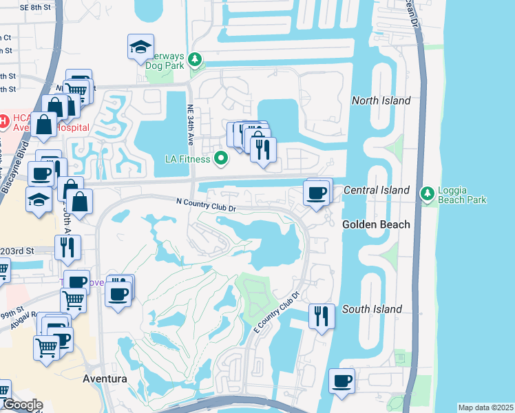 map of restaurants, bars, coffee shops, grocery stores, and more near 3475 North Country Club Drive in Aventura
