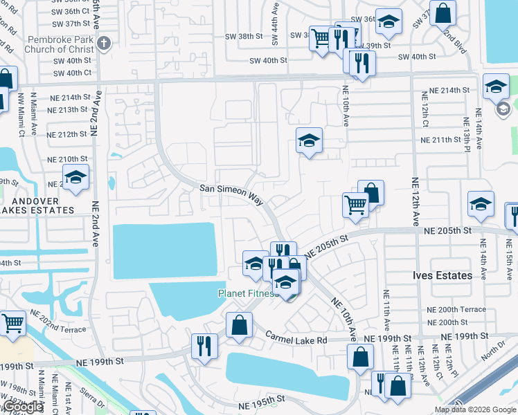 map of restaurants, bars, coffee shops, grocery stores, and more near 705 Northeast 208th Terrace in Miami