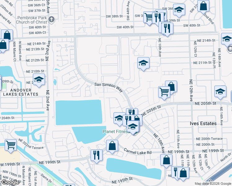 map of restaurants, bars, coffee shops, grocery stores, and more near 705 Northeast 208th Terrace in Miami