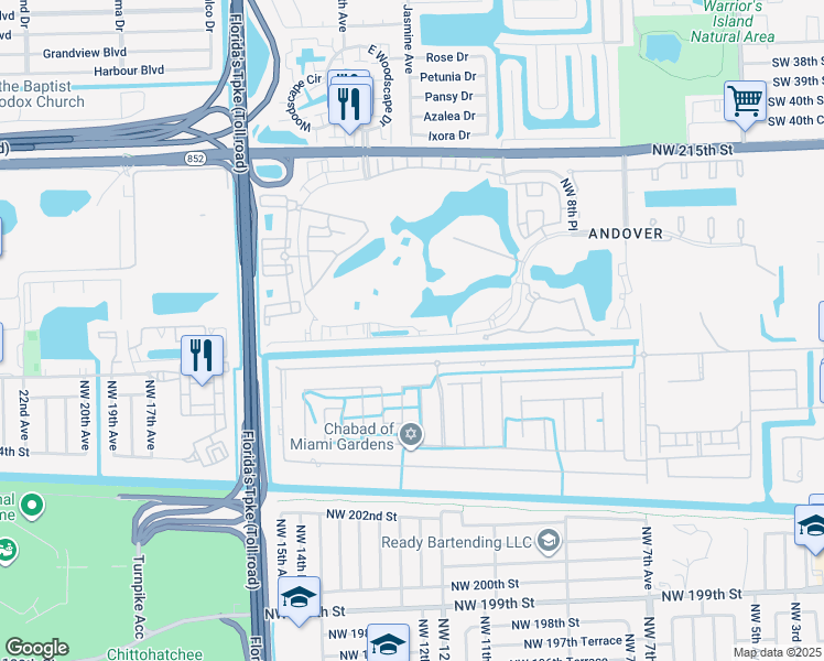 map of restaurants, bars, coffee shops, grocery stores, and more near 1230 Northwest 208th Street in Miami Gardens