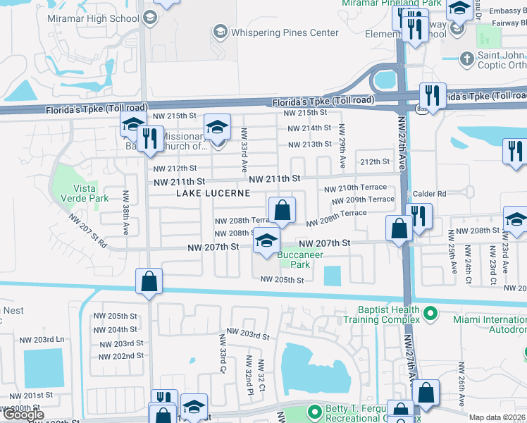 map of restaurants, bars, coffee shops, grocery stores, and more near 3261 Northwest 209th Terrace in Miami Gardens