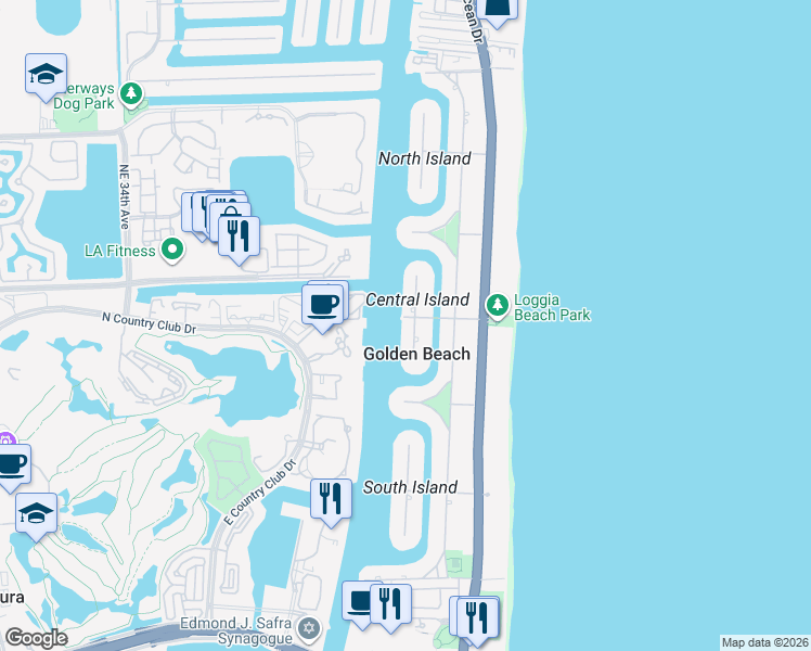 map of restaurants, bars, coffee shops, grocery stores, and more near 405 Centre Island in Golden Beach