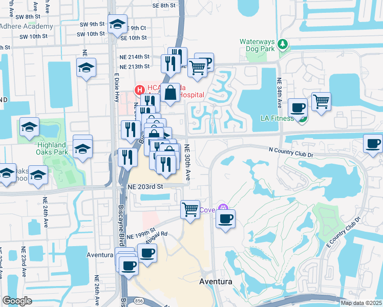 map of restaurants, bars, coffee shops, grocery stores, and more near 20401 Northeast 30th Avenue in Aventura