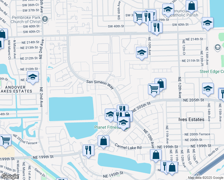 map of restaurants, bars, coffee shops, grocery stores, and more near 705 Northeast 208th Terrace in Miami