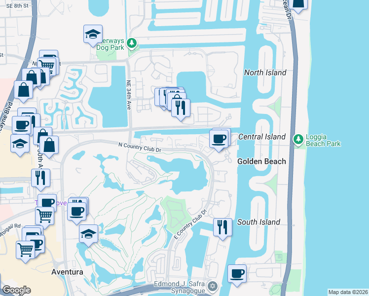 map of restaurants, bars, coffee shops, grocery stores, and more near 3675 North Country Club Drive in Aventura
