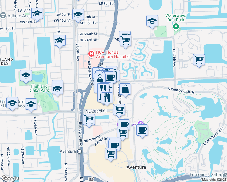 map of restaurants, bars, coffee shops, grocery stores, and more near 20751 Northeast 30th Place in Miami