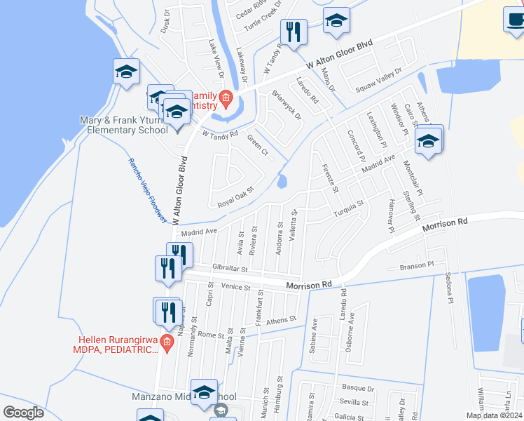 map of restaurants, bars, coffee shops, grocery stores, and more near 2840 Madrid Avenue in Brownsville