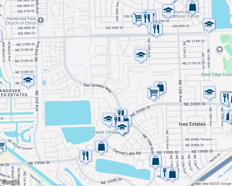 map of restaurants, bars, coffee shops, grocery stores, and more near 821 Northeast 207th Lane in North Miami Beach