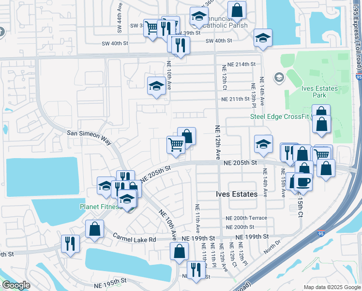map of restaurants, bars, coffee shops, grocery stores, and more near 1044 Northeast 207th Terrace in Miami
