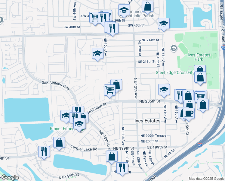 map of restaurants, bars, coffee shops, grocery stores, and more near 1044 Northeast 207th Terrace in Miami
