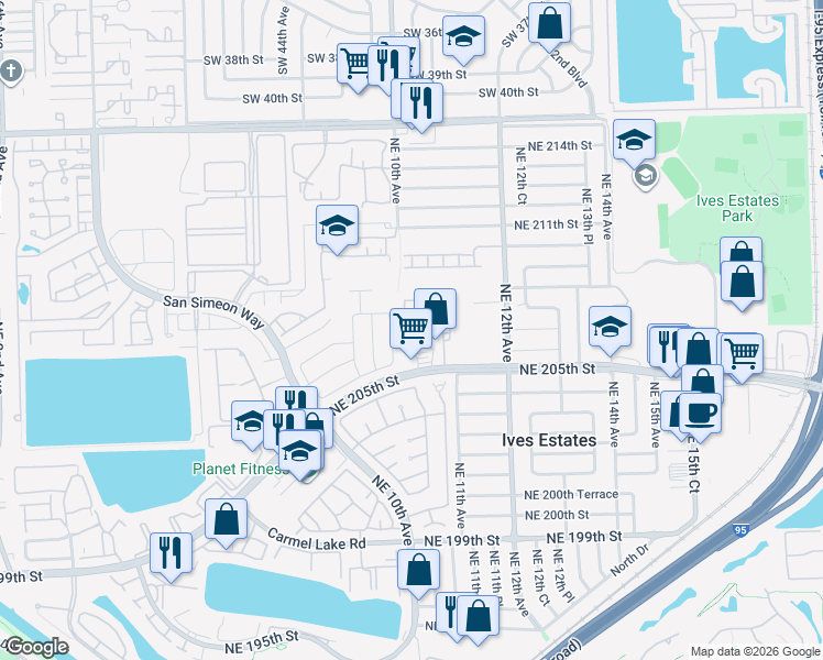 map of restaurants, bars, coffee shops, grocery stores, and more near 20637 Northeast 9th Place in Miami