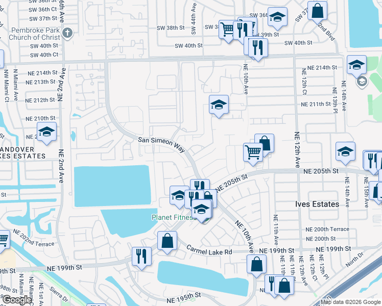 map of restaurants, bars, coffee shops, grocery stores, and more near 821 Northeast 207th Lane in North Miami Beach